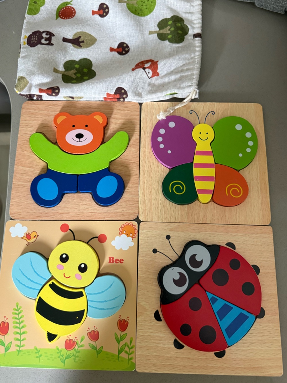 Wooden Kids Puzzle Set - Colorful Bear, Butterfly, Bee & Ladybug